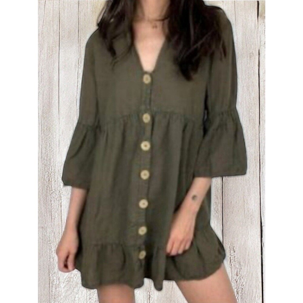 Zara Mini Dress Linen/Cotton V Neckline 3/4 Bell Sleeve Tiered Boho Khaki Gr Sm